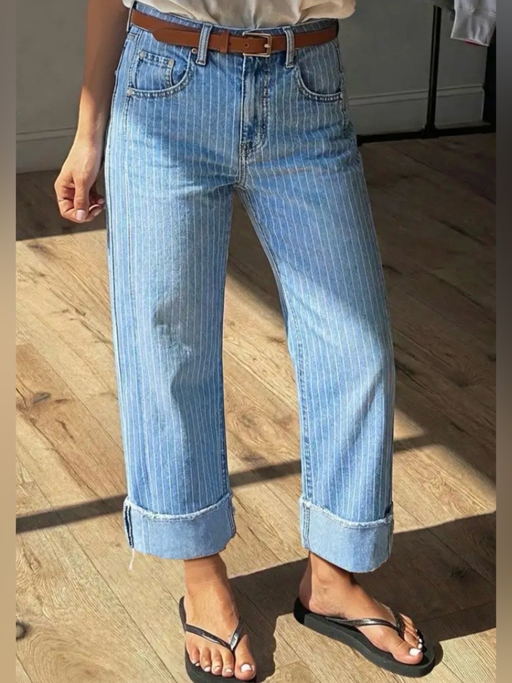 Flamingals Striped Roll Hem Seam Front Mid Rise Straight Leg Crop Jeans